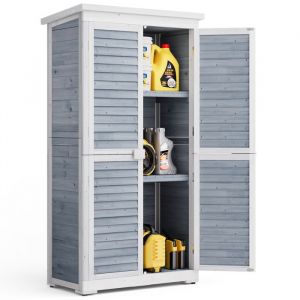 Bealife - Armoire de Jardin Extérieur en Bois Rangement de Jardin sur Pied 3 étagères 2 Portes Toit Pente 76 x 42 x 160.5 cm Gris