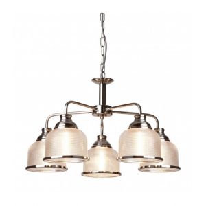 Searchlight Suspension Bistrot II, argent satin&eacute; et verre, 5 ampoules