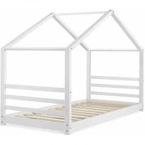 Image de Décoshop26 Lit pour enfant cabane maison avec sommier à lattes bois de pin blanc 90 x 200 cm - blante