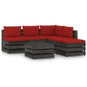 Salon de jardin 6 pcs avec coussins Bois impr&eacute;gn&eacute; de gris Vidaxl Rouge et gris