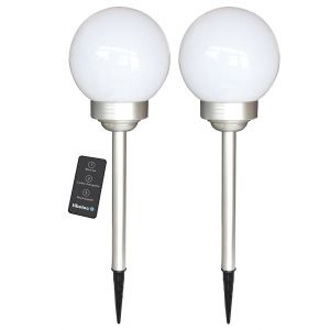 Tibelec Millos, 2 boules solaires led RVB/blanc à piquer finition aluminium - D.150 x H.515MM - blanc & chromŽ