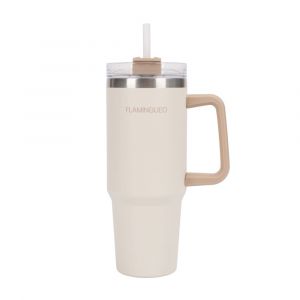 Flamingueo Gobelet Isotherme 0,9L Beige Acier Inoxydable avec Poign&eacute;e et Paille