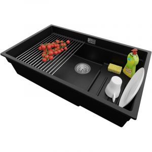 Primagran - vier Cusine en Granit 76x47 cm Lavabo Cuisine 1 Bac + Kit de Vidage, Évier au meuble 80cm Évier à Encastrer de Noir