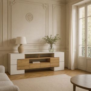 Urban Meuble - Buffet de salle à manger blanc brillant et bois avec éclairage led 200x30x60,7 cm
