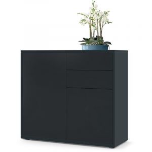 Image de Vladon - Commode Armoire Dressoir Crédence Ben Noir mat - haute brillance & tons naturels - Façades en Noir mat Corps mat - Façades en Noir mat Corps