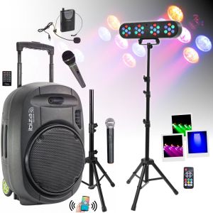 Ibiza Sound Pack Sono Enceinte Portable USB Bluetooth PORT12VHF-MKII-TWS 700W 3 Micros - Pied support Enceinte - Pied 4 Projecteurs PAR