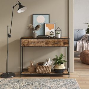 Table console Fyrk, Bois antique, 100x80cm avec tiroirs, Vicco