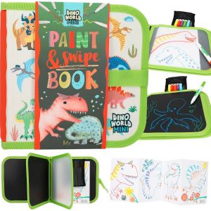 Depesche 12101 Dino World-Paint & Swipe Book, Livre de coloriage avec Pages effa&ccedil;ables, 6 feutres Inclus, Black