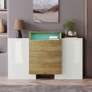 Commode moderne avec &eacute;clairage LED, meuble de 140 cm, buffet avec 3 tiroirs et 2 portes, meuble de chambre, blanc