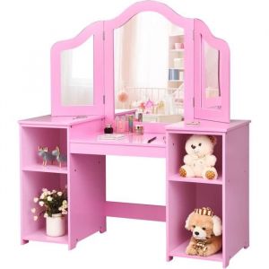 Image de COSTWAY Coiffeuse pour Enfants 2 en 1 avec Miroir Amovible, Bureau Enfant avec 4 Étagères de Style Princesse pour Filles, Rose