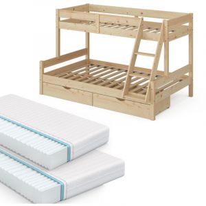 Lit superposé Everest, Naturel bois, 120x200 / 80x200 cm avec 2 matelas et 2 tiroirs Vitalispa