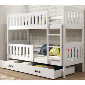 Interbeds - Lit superposé quba 90x200 Bois Massif, Pin, Barrière, Sommier, Tiroir, Séparable en 2 lit (Blanc)
