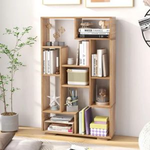 Image de Bibliothèque Géométrique 120 Cm Costway, Etagères Ouvertes, Etagère De Rangement Autoportante Avec Kits Anti-Basculement, Naturel