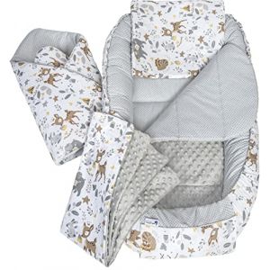 Medi Partners 5 éléments Cocon de Bébé 100x60x15cm 100% Coton Baby Nest Reducteur de lit Bébés Oreiller Couverture Insert Amovible (Cerf avec Minky Gris)