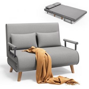 Bealife Fauteuil Convertible 2 Place Canapé Lit Modulable Chaise Longue 2 Coussin Pied en Bois Réglable Pliante Gris