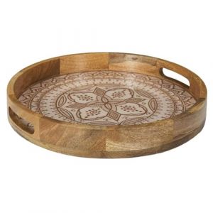 HOME DECO FACTORY, KA0577, Plateau Rond en Manguier Dune Terracotta, Design Élégant et Durable, Idéal pour Service de Table ou Décoration, Dimensions Pratiques D35 cm, Couleurs Marron, Blanc, Orange
