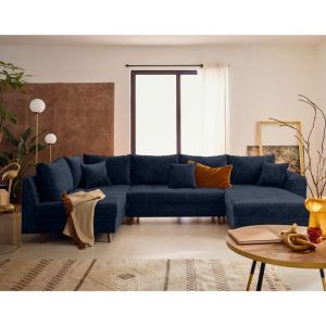 Canap&eacute; panoramique 7 places Angle gauche en Velours textur&eacute; Bleu