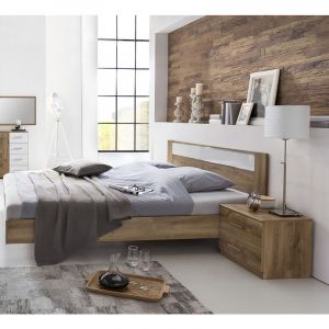 Pegane Lit adulte avec 2 chevets ch&ecirc;ne poutre/blanc/chrome - Dim: 140 x 200 cm -