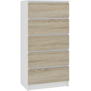 Image de Hucoco SKANDI Commode contemporaine chambre + salon + bureau 121x60x40 cm 5 tiroirs Design moderne Chiffonier Semainier Blanc/ ma