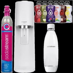 Sodastream Machine à Eau Pétillante Terra Blanc - Pack 1 Bouteille 1L + Sachets de Boissons en Poudre