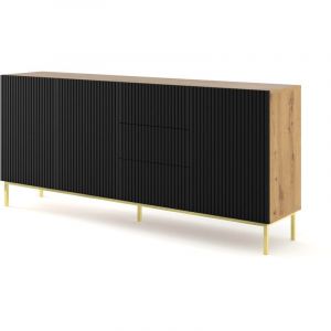 Commode Ravenna avec 3 portes + 3 tiroirs en bois et cadre doré - Noir et beige - L 200 x P 42 x H 89 cm