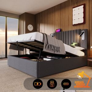 Lit double rembourr&eacute; 180x200 cm - T&ecirc;te de lit avec USB - Coffre de rangement - Vintage gris