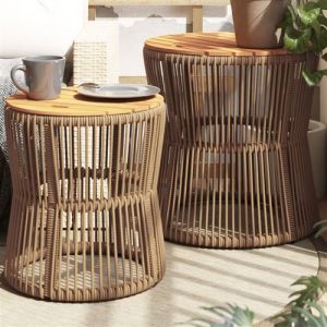 VidaXL Tables d'appoint de jardin 2pcs dessus en bois beige poly rotin