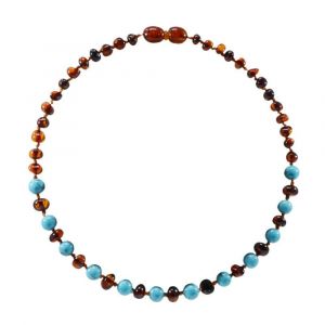 Collier en pierre d'ambre naturelle - Cognac/Turquoise - Marron