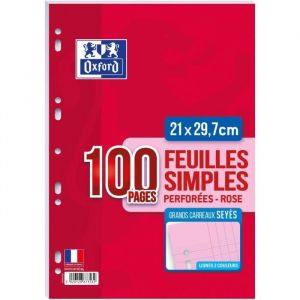 Oxford 100105668 Feuillet Mobile perforé 100 pages A4 210X297 Grands Carreaux 80 g Rose