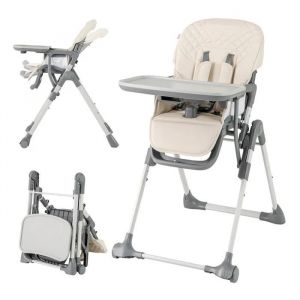 Chaise Haute Bébé Pliante Costway Avec Repose-Pieds, Plateau Détachable, Coussinet De Siège, Roues Intégrées, Beige