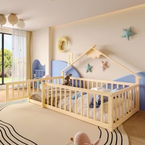 Lit cabane enfant 90x190 cm - avec barri&egrave;res de s&eacute;curit&eacute; - bois massif - naturel (sans matelas)