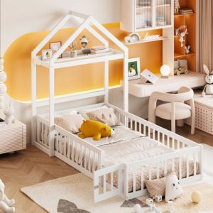 Okwish - Lit cabane d'enfant 90x200 cm lit simple avec rangement, grille de protection et sommier à lattes, en bois massif, blanc, sans matelas