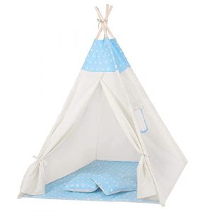 SPRINGOS Tipi tente pour enfant en coton, 2 coussins inclus - 160x120x100 cm &ndash; etoiles/bleu