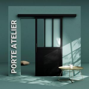 Porte Coulissante avec Rail - Atelier Noire 83 cm - Avec poignée
