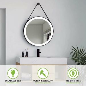 Miroir de Salle de Bains Lumineux avec Éclairage Intégré Led Frontal Ø60 Cadre Noir Courroie KENIA LEDIMEX