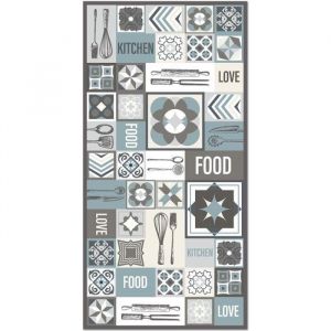 Tapis Vinyle Panorama Cuisine Collage Mots Carrelage Bleu 40x80 cm - Tapis pour Cuisine, Bureau et Salon en PVC