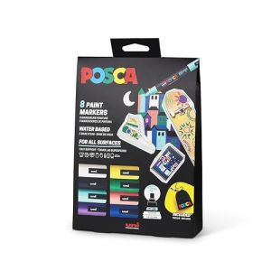 Posca 182598 - Set de marqueurs avec pochette en tissu, 8 stylos acryliques PC-5M, marqueurs permanents 1,8-2,5 mm pointe ogive