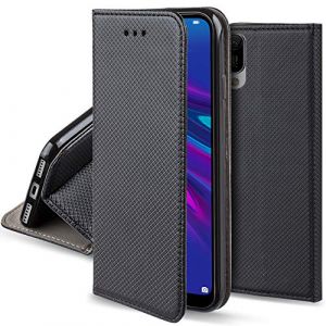Moozy Case Flip Cover pour Huawei Y6 2019, Noir - &Eacute;tui &agrave; Rabat Magn&eacute;tique Intelligent avec Porte-Cartes et Support