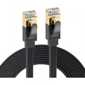Elfcam® - 8m CAT7 Cable Reseau Ethernet RJ45, Cat 7 STP 100% Cuivre, Cable Plat, 32 AWG, Noir (8M)