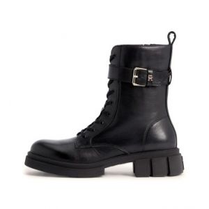 Tommy Hilfiger Pour femme. Bottes de motard en cuir noir avec dents