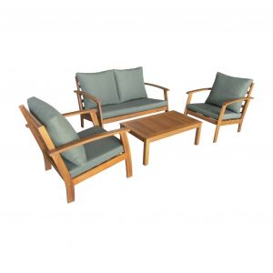 Salon de jardin en bois 4 places Coussins Savane canap&eacute; fauteuils et table basse en acacia design