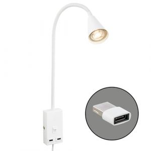 BRILONER - Lampe de lecture avec port USB, interrupteur marche/arrêt, orientable, fiche, applique intérieure, lampe murale, lampe de lit, lampe de lit, lampe de chevet, hauteur 50 cm, blanc