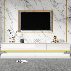Meuble TV brillant 200 x 40 x 40 cm - 3 tiroirs - Panneaux de particules - Blanc