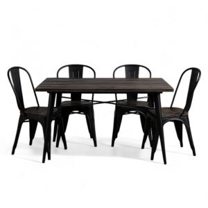 Ensemble Table et Chaises Style Industriel, M&eacute;tal Noir Mat et Bois Naturel Fonc&eacute;, 120x80cm - Design Factory