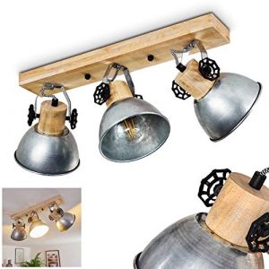 Hofstein Plafonnier Orny en bois et métal zinké, 3 spots de plafond pivotants de style rétro-industriel, idéals dans un salon vintage, pour 3 ampoules E27 max. 60 Watt, compatible ampoules LED