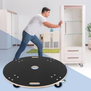 Chariot de Transport Rond &Oslash;87cm x14,5 cm avec Plaque S&eacute;rigraphi&eacute;e, Charge Maximale 800 kg, 4 Roues Pivotantes dont 2 avec Freins, Planche &agrave; Roulettes