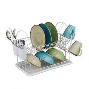 Image de Relaxdays Égouttoir pour la Vaisselle (Assiettes, Tasses, Bols, etc.), 2 Niveaux, Plateau, HLP : 33,5x51x23,5 cm, Blanc