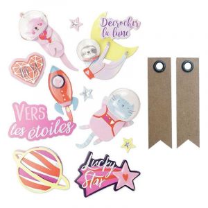 Graine Cr&eacute;ative 10 stickers 3D galaxie + 20 &eacute;tiquettes kraft