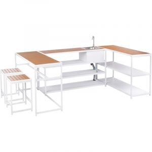 Beliani Ensemble de Cuisine de Jardin en Acier et Bois Polychrome avec Table de Bar Evier et 2 Tabourets Salle à Manger Extérieur Marron et Blanc Avetrana