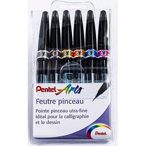 Image de Pentel Pochette de 6 Feutres pinceau Brush Sign Rose, Bleu Ciel, Orange, Marron, Ocre, Gris